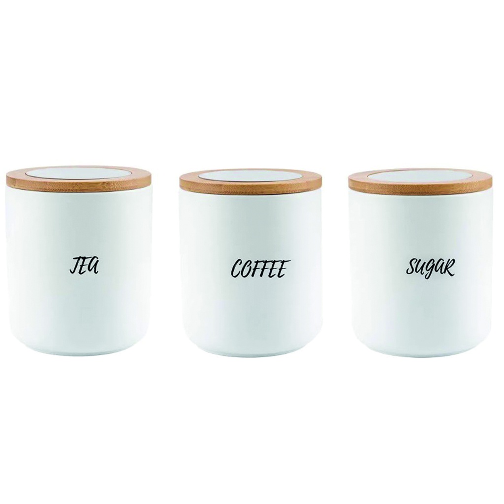 Frasco Contenedor alimentos ceramica tapa bambú hermético Set x 3